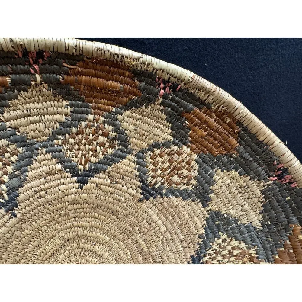 Vintage African Tribal Geometric Coiled Bowl Basket 14” Brown Tan Pink